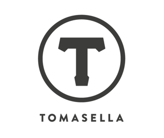 Un logo in bianco e nero per Tomasella con una lettera T in un cerchio.