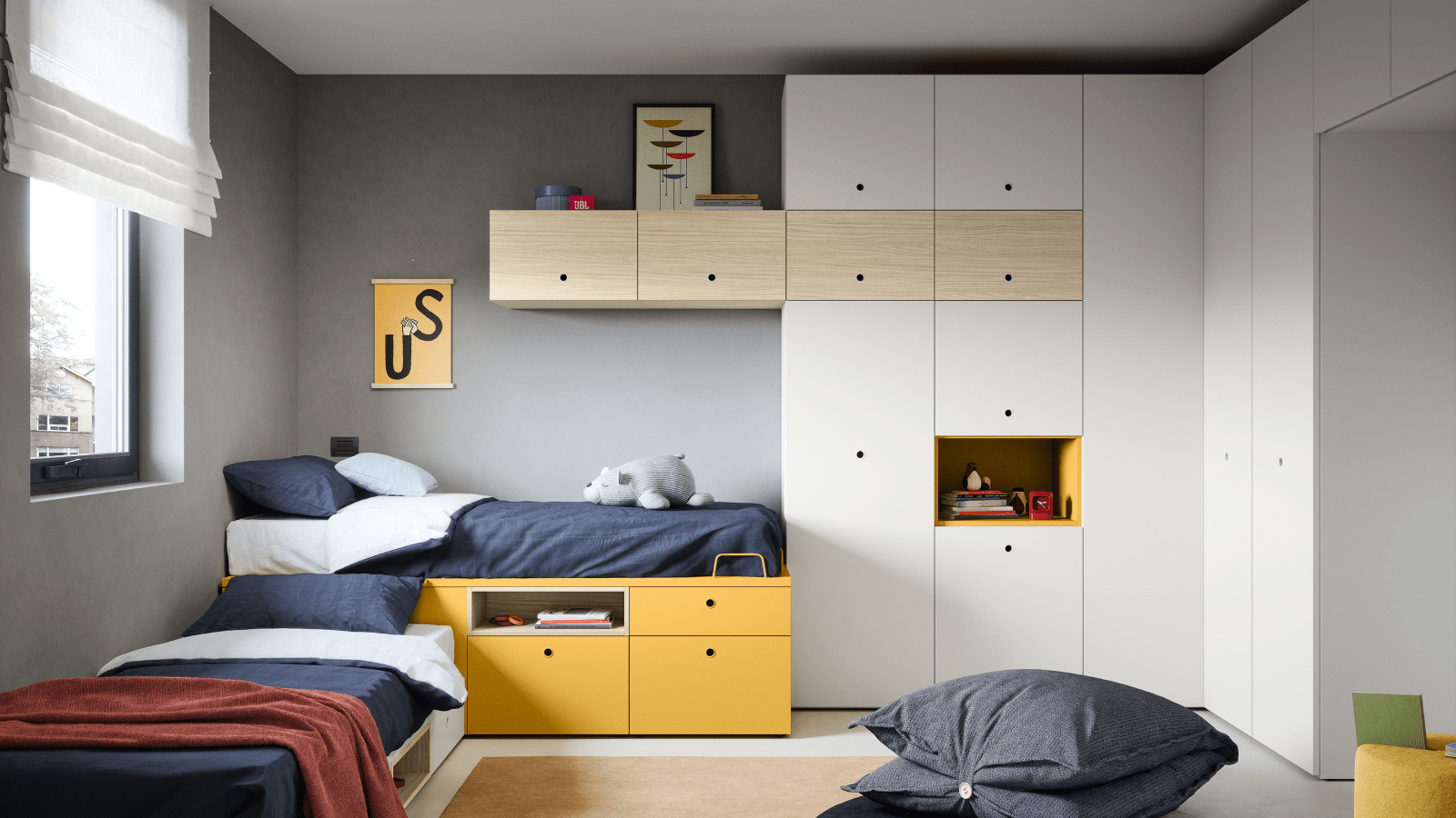Camera da letto moderna per bambini con pareti grigie, letto contenitore giallo, armadietti bianchi e una grande finestra.