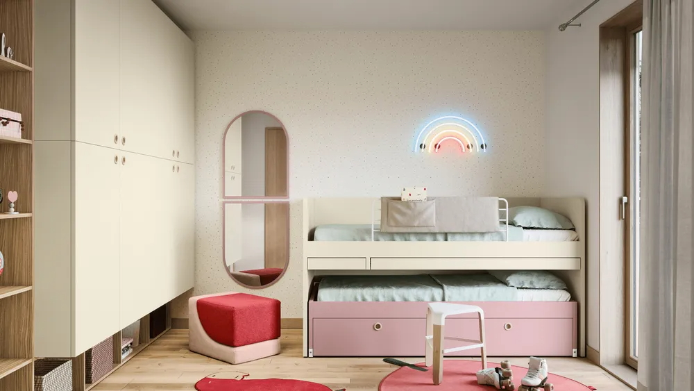 Camera da letto dai colori pastello con letto a castello, armadio, sedia rosa e decorazioni murali arcobaleno.