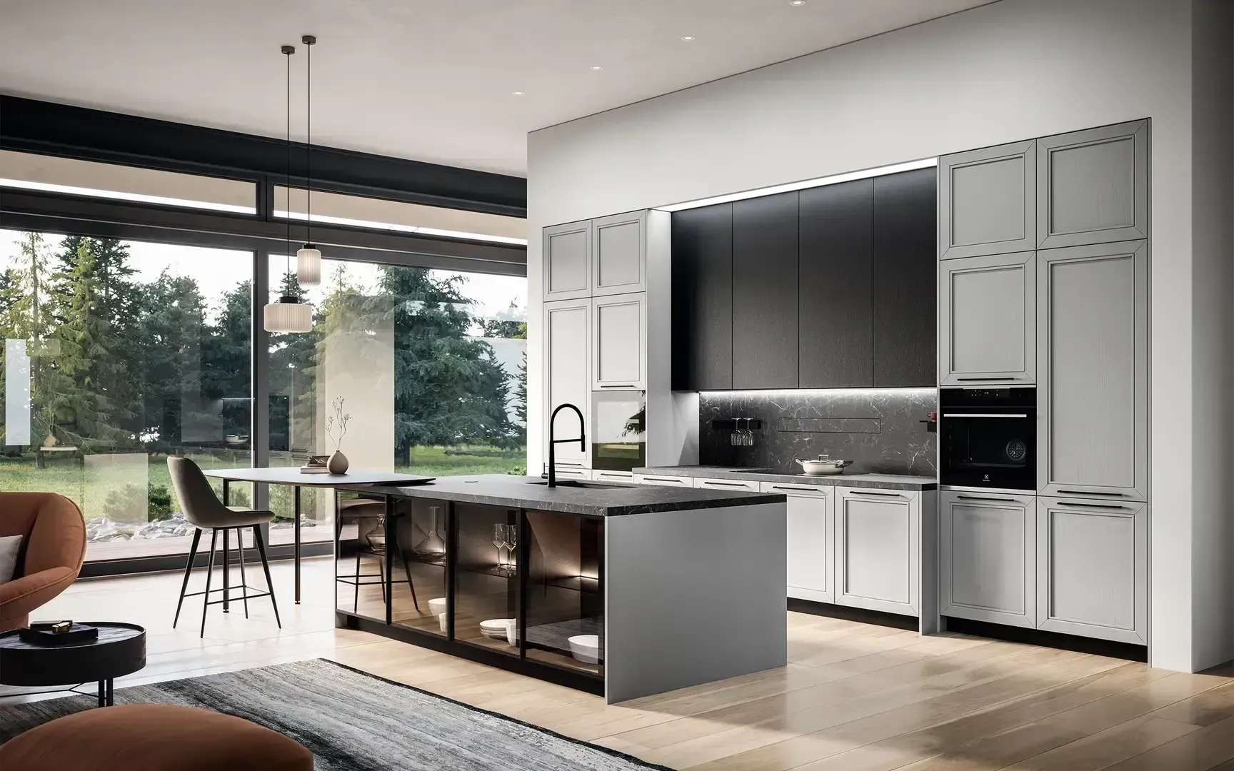 Cucina moderna a pianta aperta con isola nera, mobili bianchi e ampie finestre con vista sugli alberi.