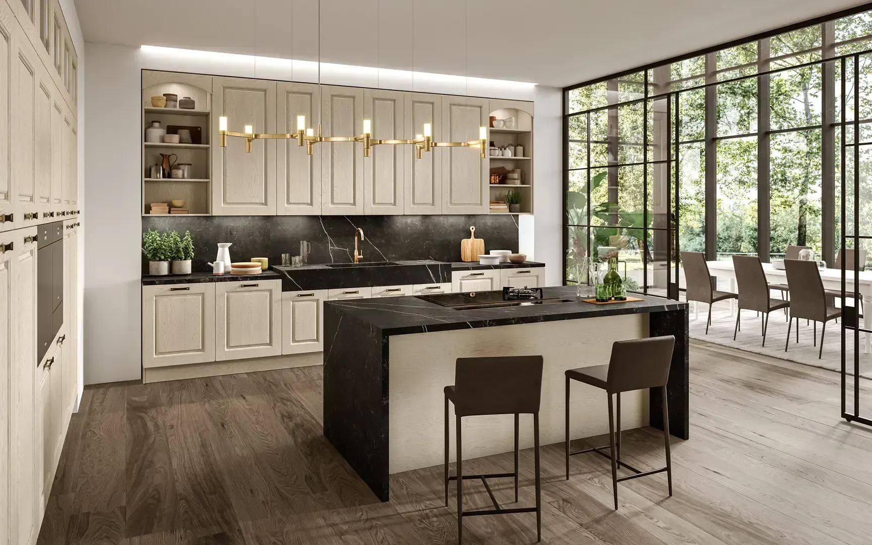 Cucina moderna a vista con isola scura, mobili bianchi e ampie finestre adiacenti alla zona pranzo.