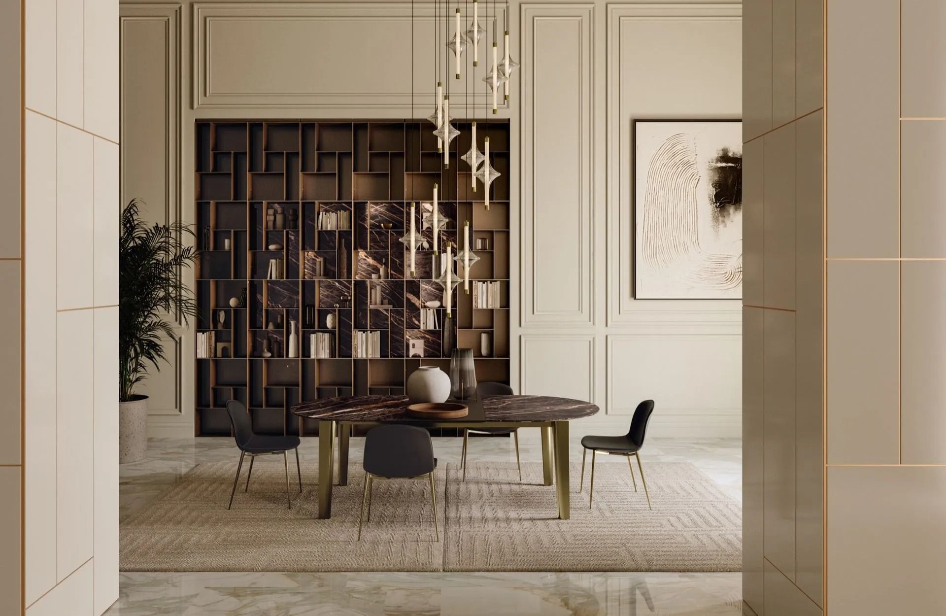 Sala da pranzo moderna con tavolo in legno scuro, sedie nere, lampade a sospensione e divisorio decorativo.