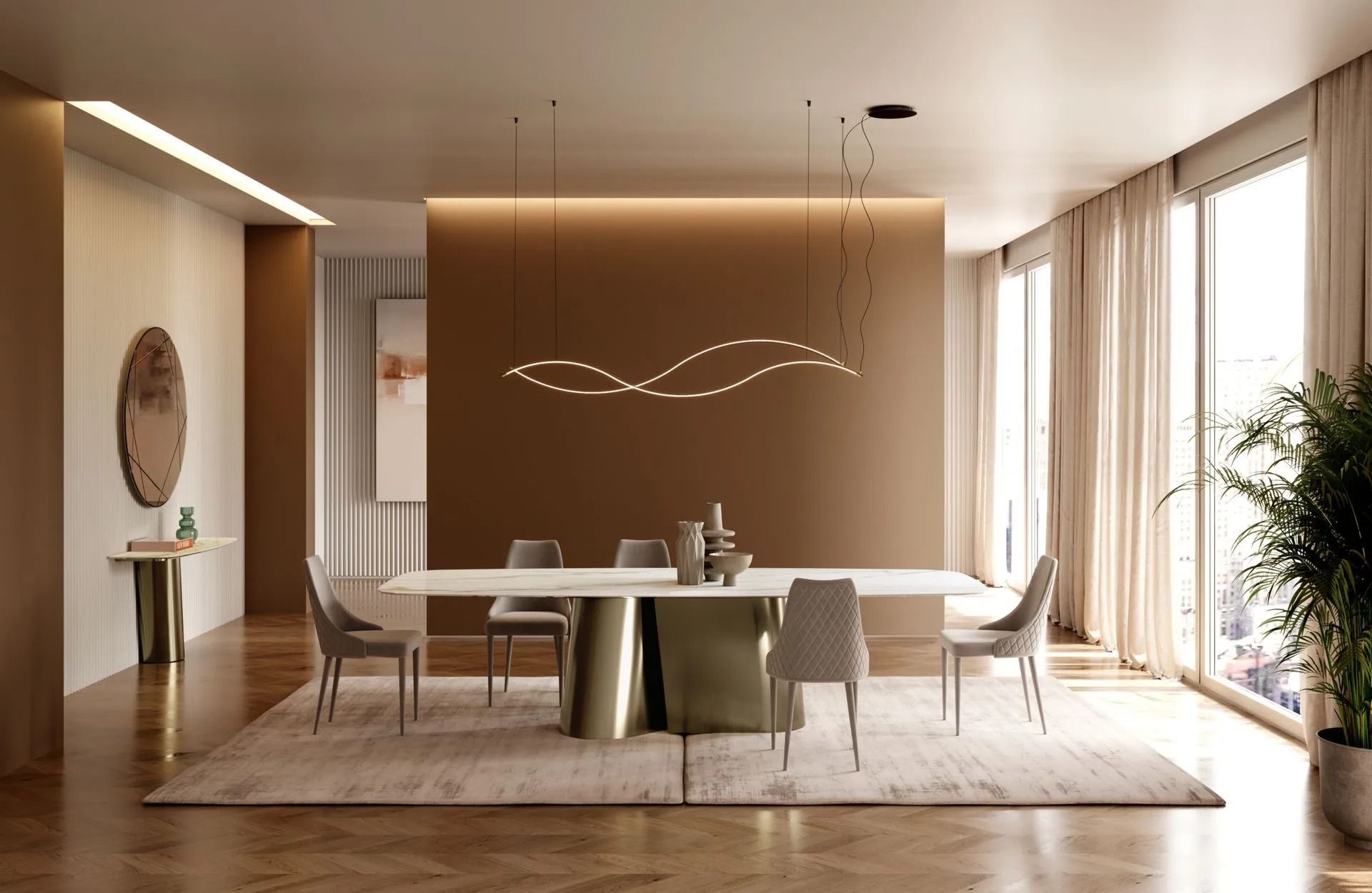 Sala da pranzo moderna con tavolo in legno, sedie bianche, illuminazione calda e finestre a tutta altezza con tende.
