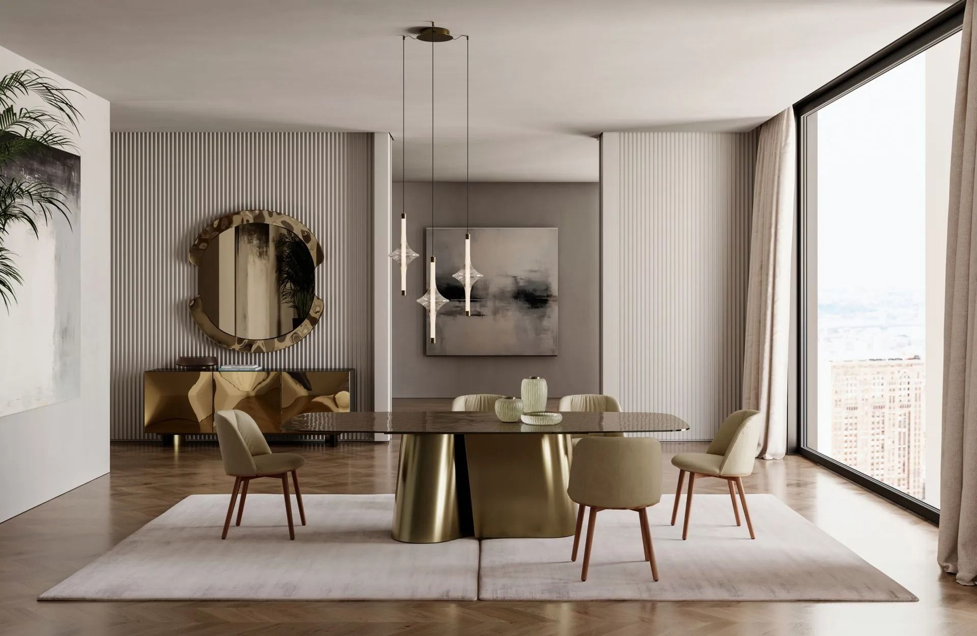 Sala da pranzo moderna con tavolo dorato, sedie beige, parete a righe e finestre a tutta altezza.