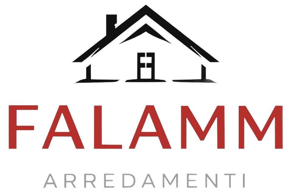 Logo: icona di una casa nera sopra il testo rosso "FALAMM" e il testo grigio "ARREDAMENTI".