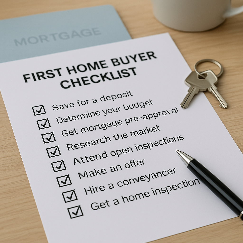 Paper checklist titled “First Home Buyer Checklist,” with keys, pen, and a mortgage folder beside it