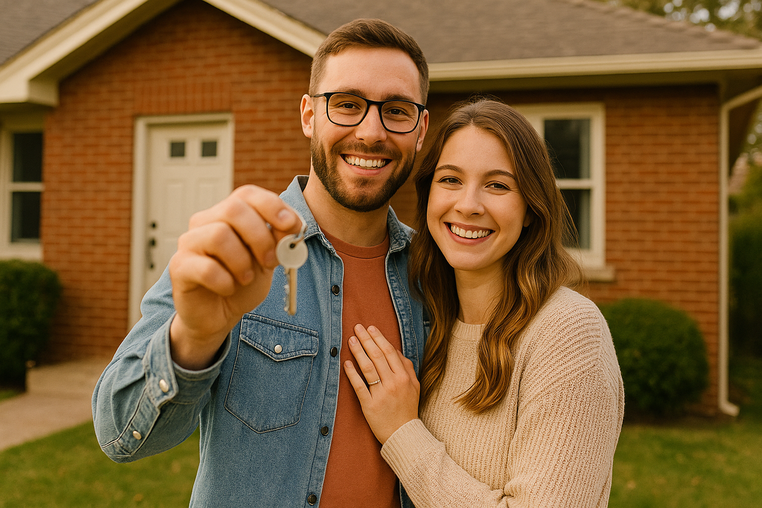 A smiling buyer or couple holding keys in front of their first home.