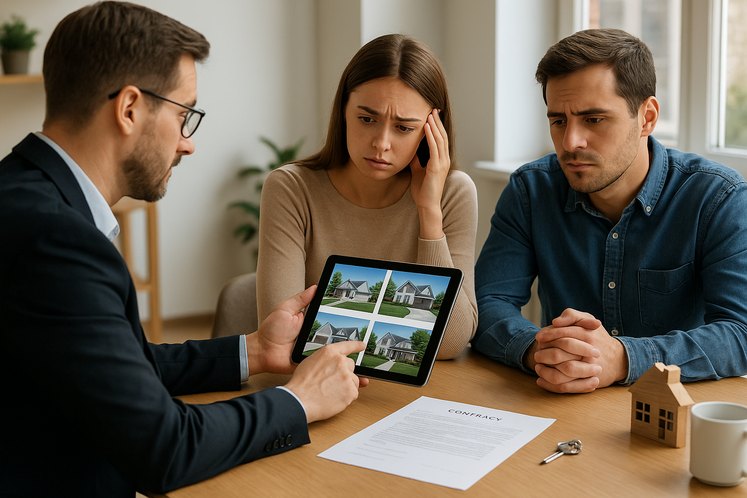 Real estate agent presenting options on a tablet or laptop.