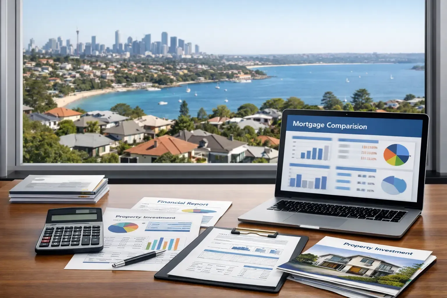 Desk with mortgage dashboard showing Newcastle home loans options for high-income earners