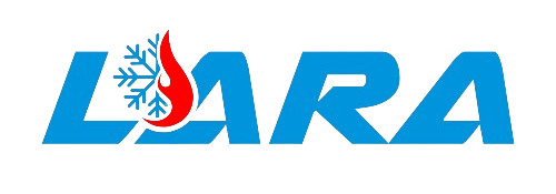 The logo for lara is blue and white with a red s on it.