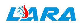 The logo for lara is blue and white with a red s on it.