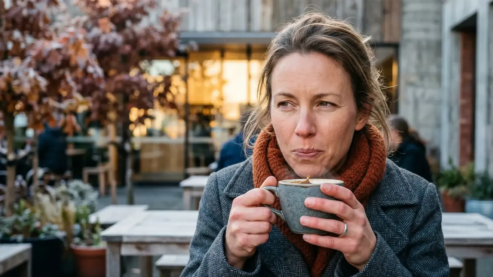 Woman in a gray coat and orange scarf holding a cup at an outdoor café, looking thoughtful