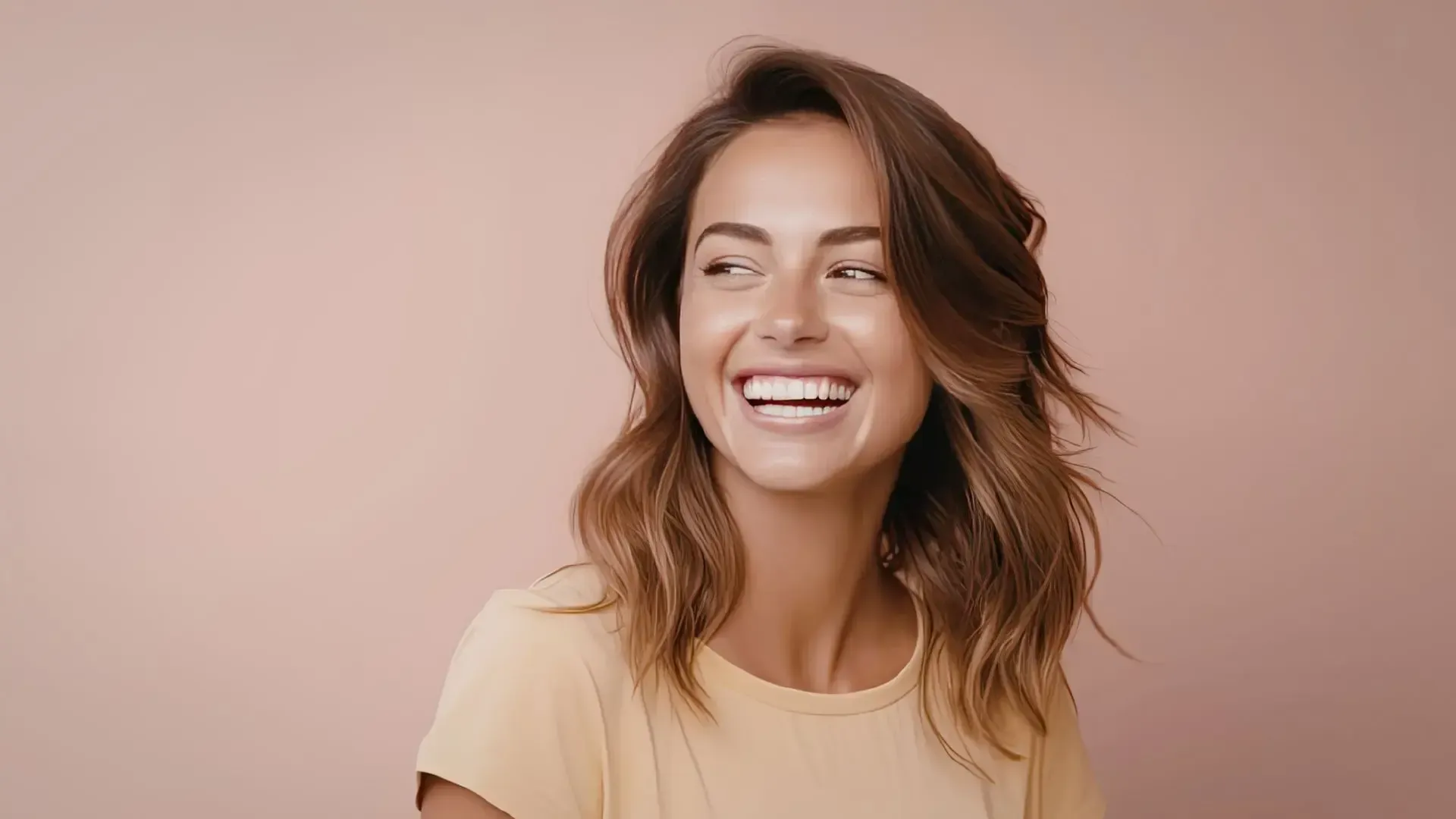 Smiling person with shoulder-length brown hair wearing a beige shirt against a light brown backdrop.