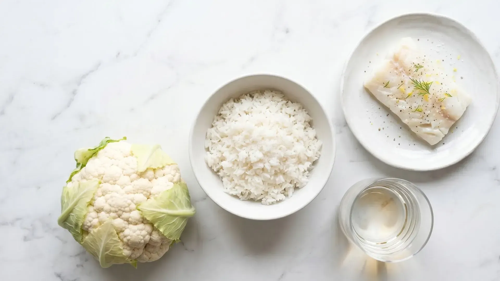 Cauliflower on a marble surface beside bowls of rice and a plated fish fillet with herbs