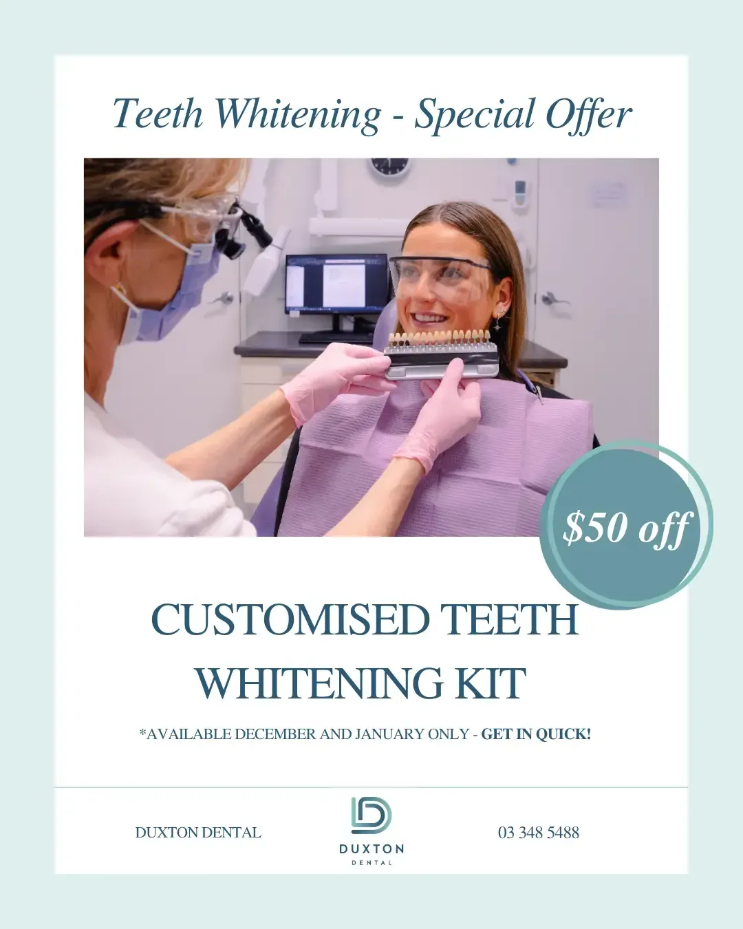 Teeth whitening special. A dentist assists a patient in a clinic with a color chart. $50 off.