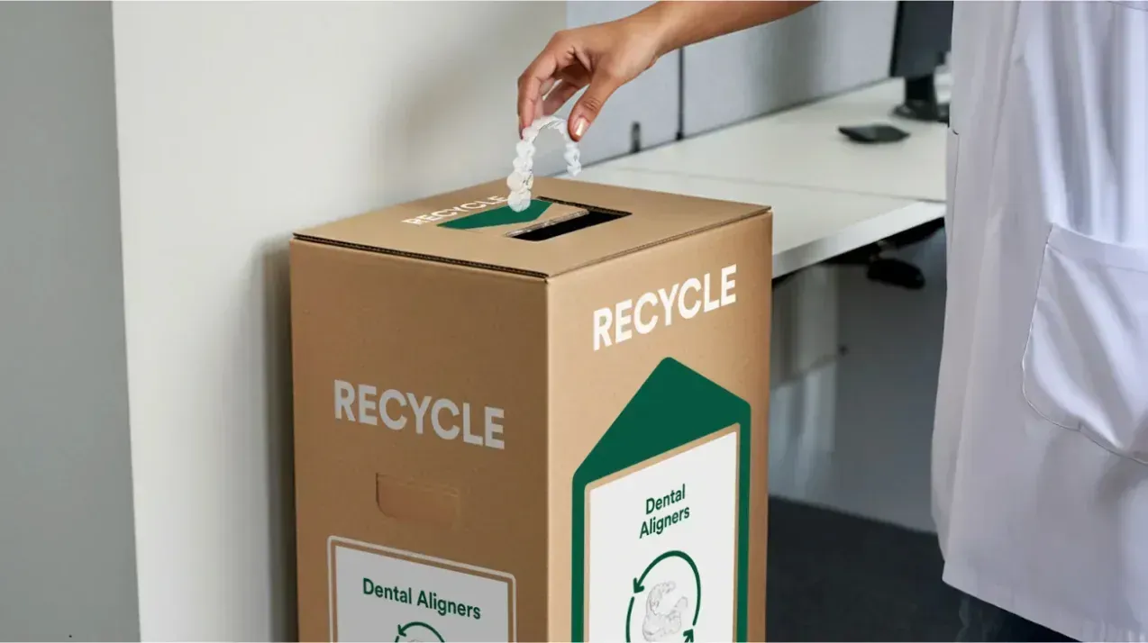 Hand placing a bottle into a cardboard recycling bin beside a desk
