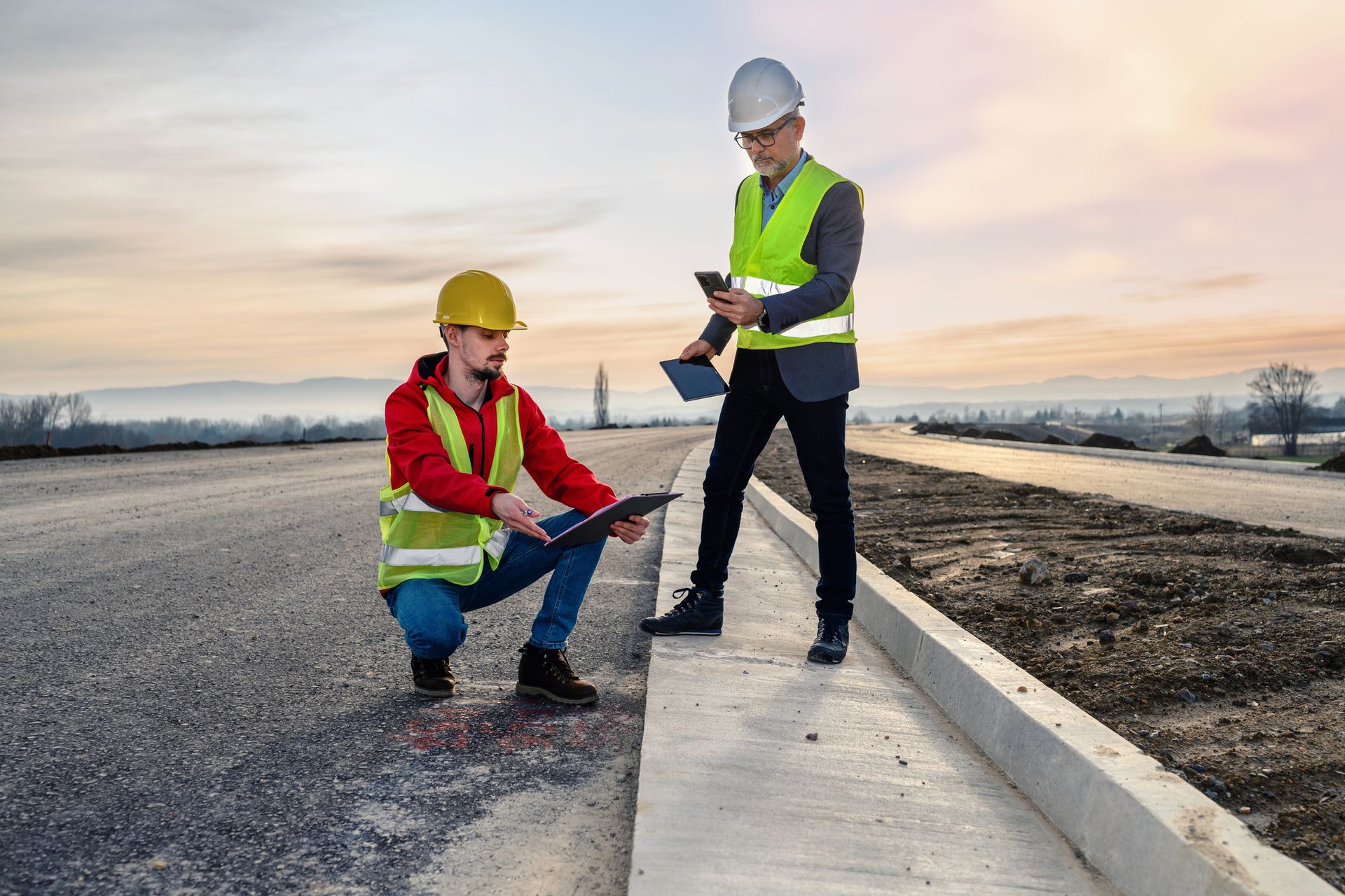 Engineer and investor on a road construction site. Engineer and investor on a road construction site.