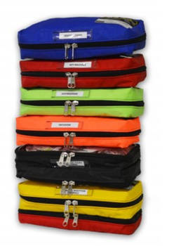 Set 5 borselli colorati semplici per zaino da soccorso con attacco interno a velcro.