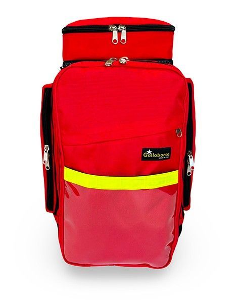 Zaino da soccorso rosso in cordura per ambulanza. Con tasca in crystal e banda rifrangente