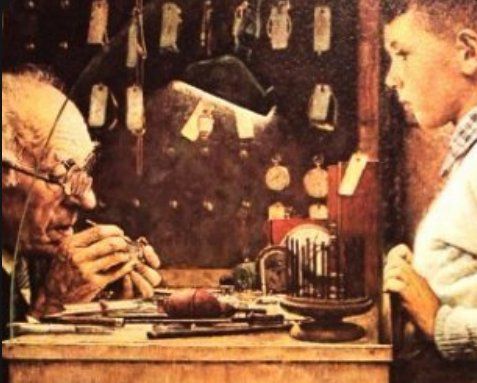 Painting of a child watching an old watchmaker at his bench. Done by the beloved Norman Rockwell