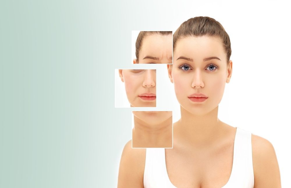 Woman's face with superimposed images showing signs of aging: wrinkles on forehead and neck, sagging skin.