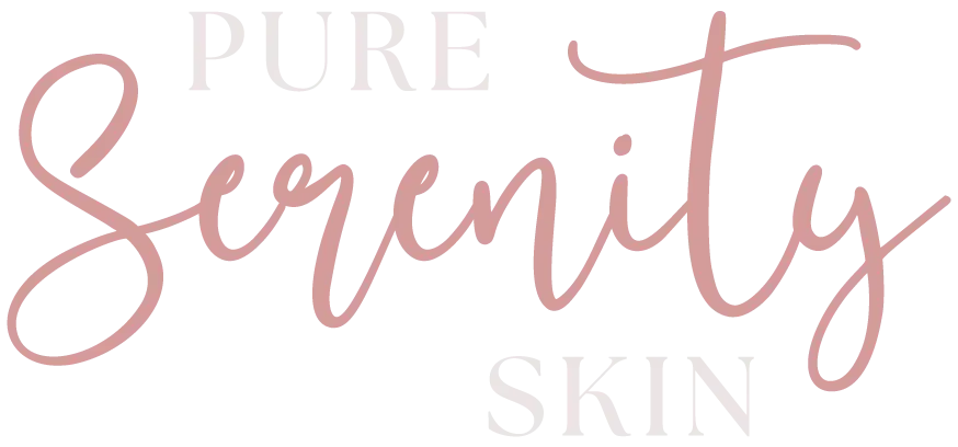 Logo for "Pure Serenity Skin" in script font; "Serenity" is pink, other words are pale gray.