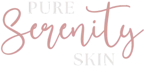 Logo for "Pure Serenity Skin" in script font; "Serenity" is pink, other words are pale gray.