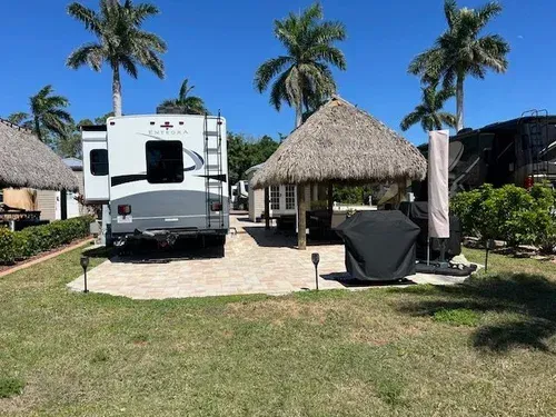 RV parked next to a tiki hut, palm trees, green grass, sunny day.