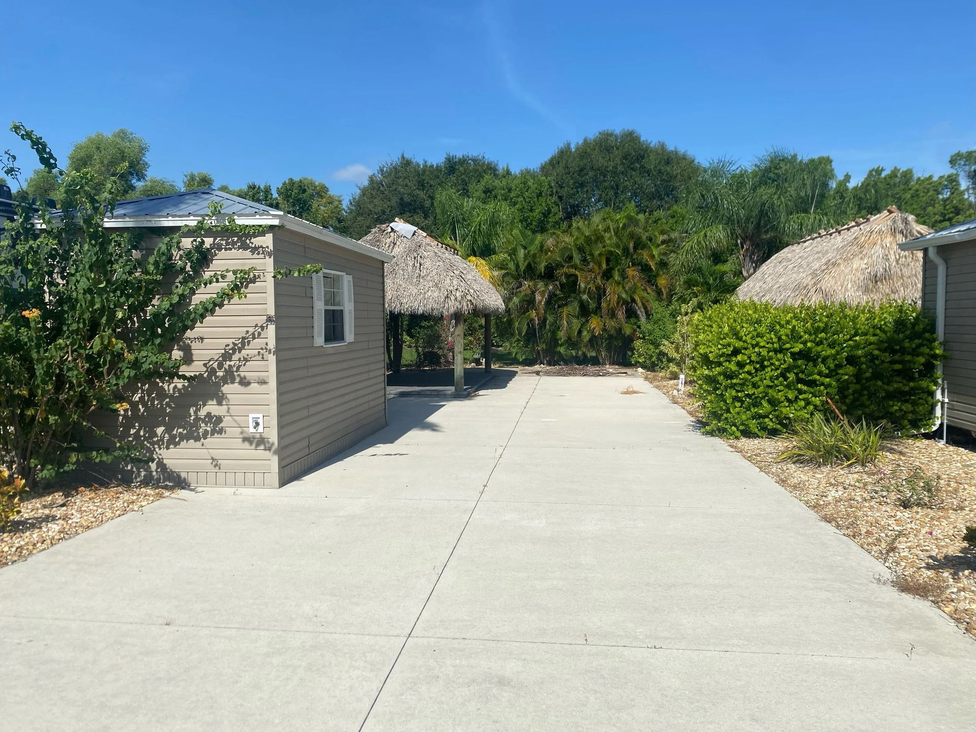 Concrete driveway leading to a small structure with a thatched roof, surrounded by trees and greenery on a sunny day.