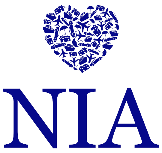 A heart composed of travel icons above the letters "NIA" in blue.