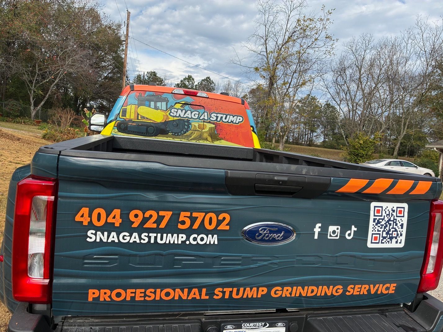 Tree stump in a grassy area. Brown wood with a cracked top, surrounded by green grass and dirt.
