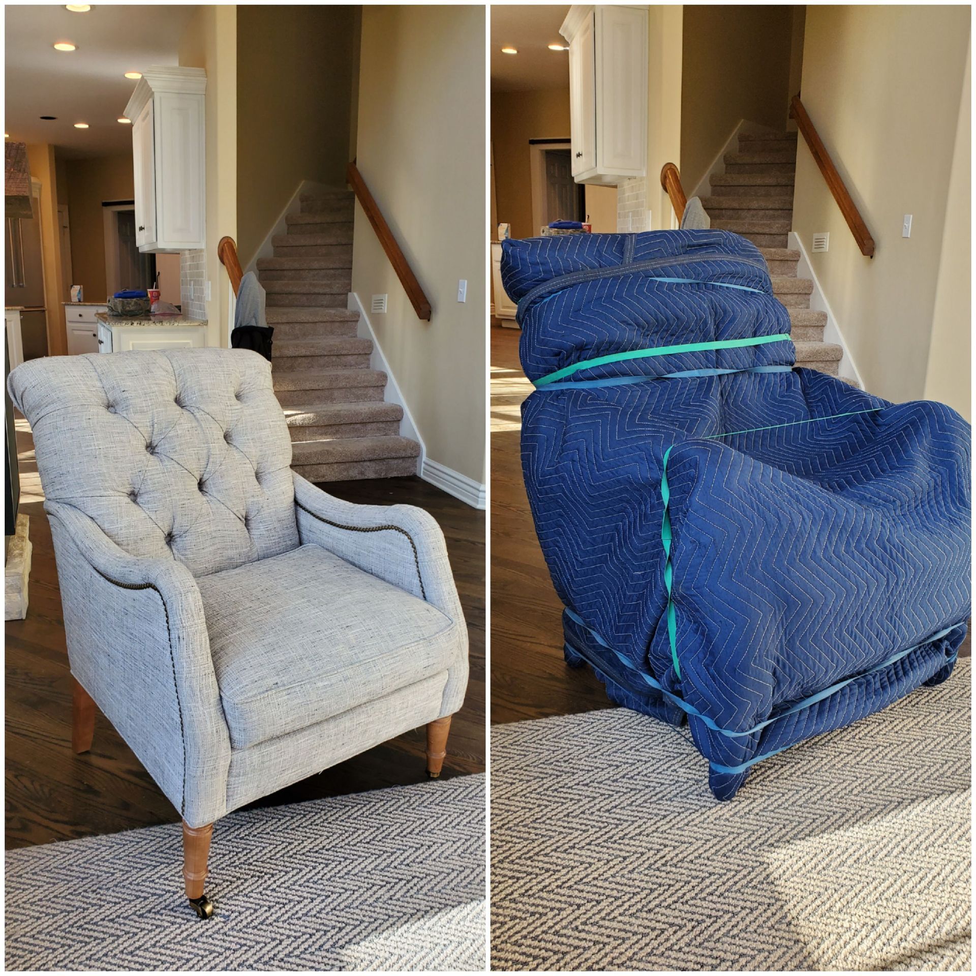 a chair before and after being wrapped in a blue blanket