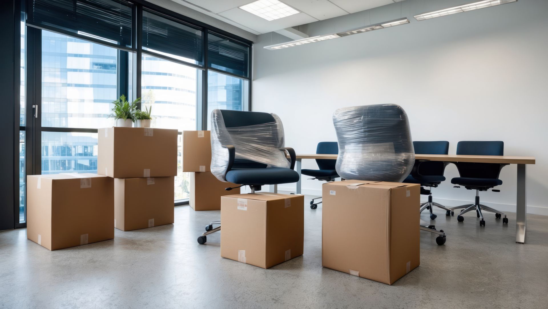 Office space being packed, with moving boxes, bubble-wrapped chairs, and a long table by windows.