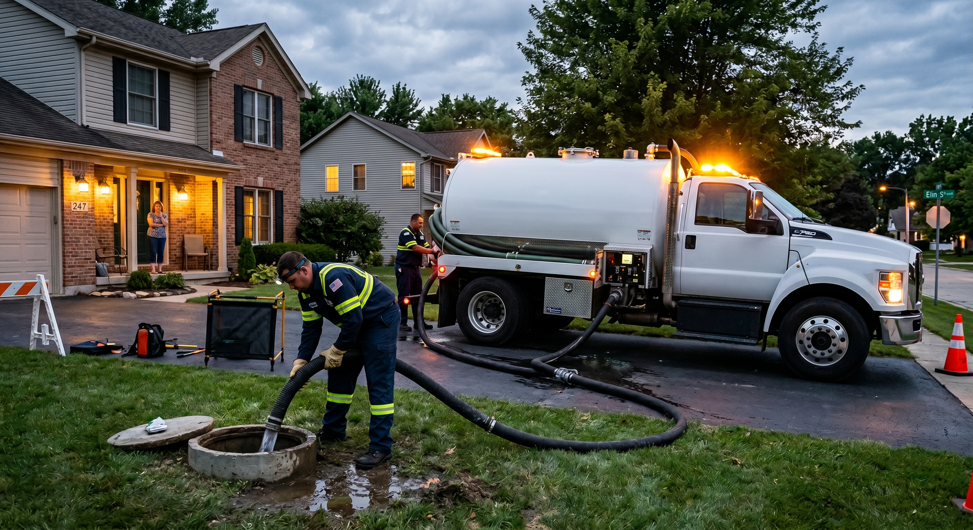 Firefighters working beside a white tanker truck at a house fire on a suburban street at dusk