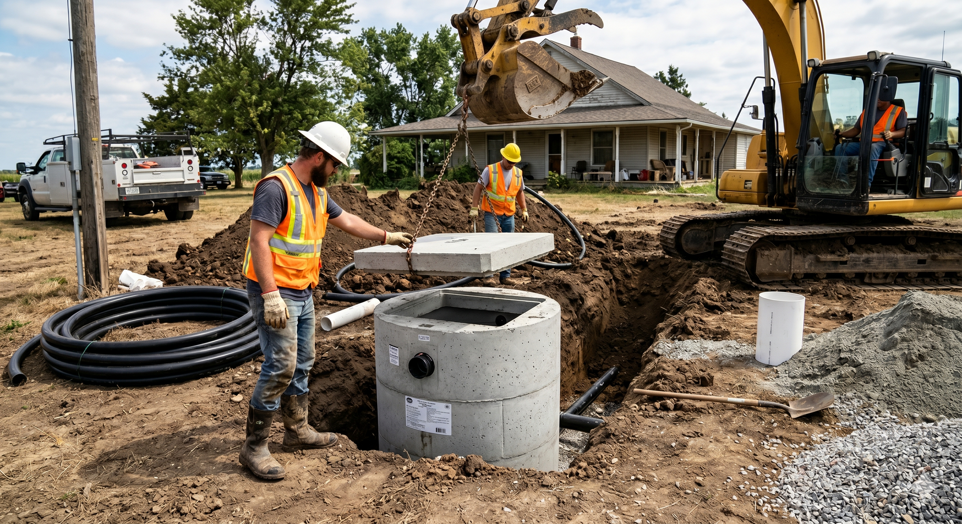 Construction workers installing underground utility pipes beside a residential home, with an excavator and concrete manhole ring.