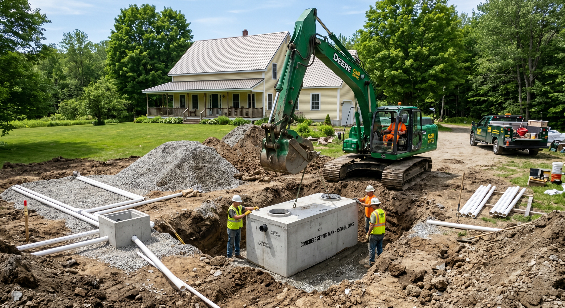 Worker standing in a deep excavation beside black tank and turquoise PVC pipes under a house foundation