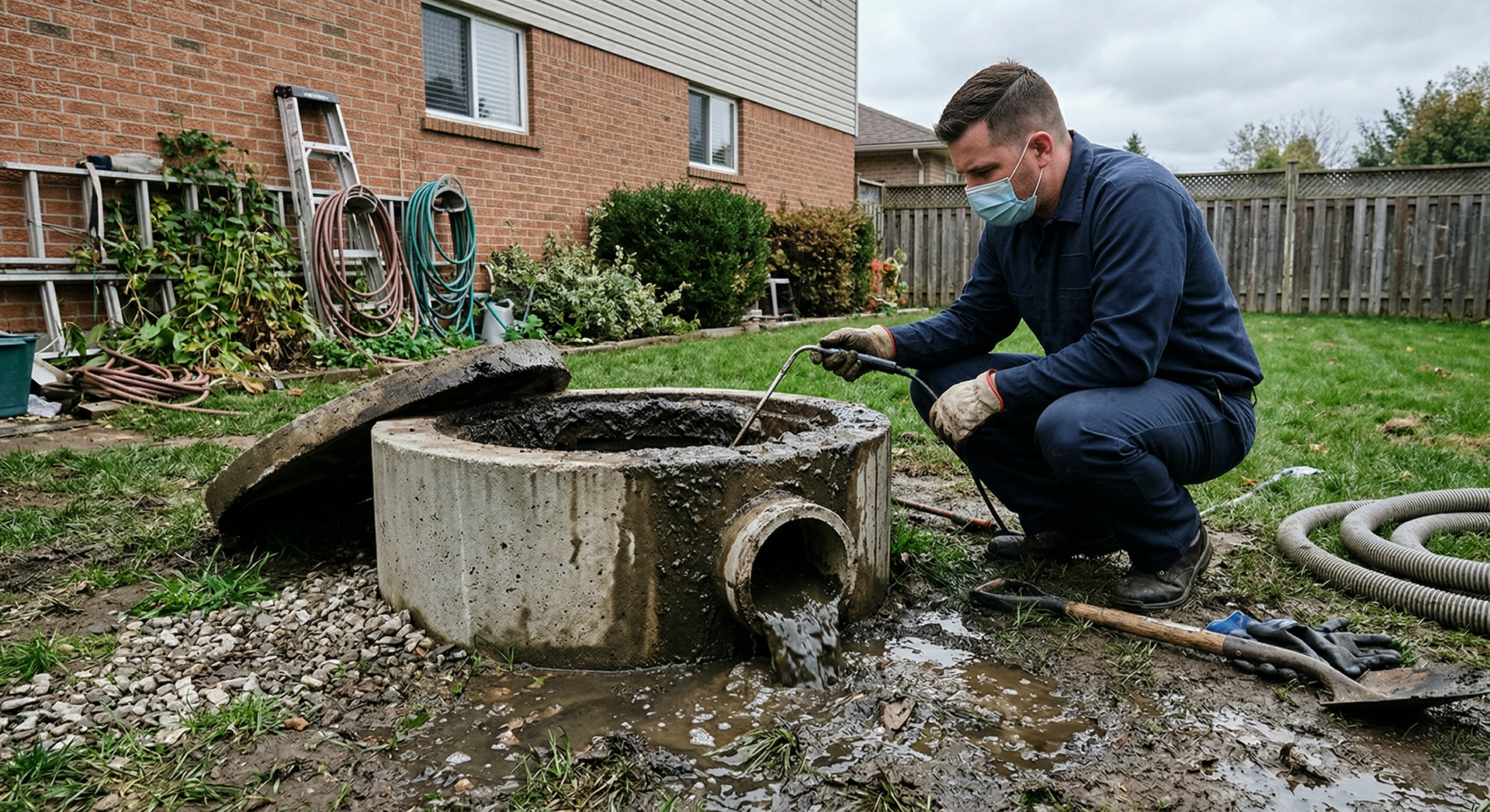 A technician in a mask and work clothes inspects an open, murky concrete septic tank in a residential backyard.
