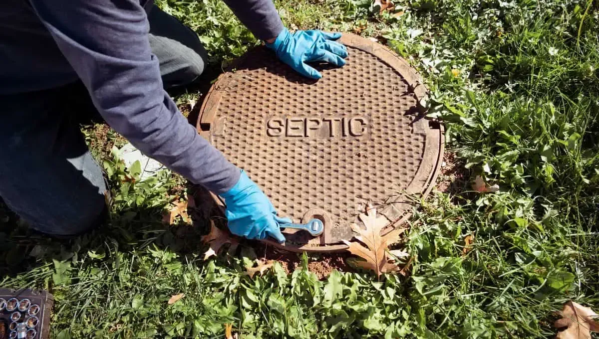 Person with blue gloves opening a septic tank cover in a grassy area.