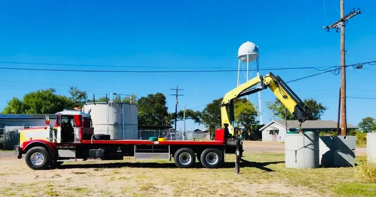 A flatbed truck with a crane lifting a concrete structure near a water tower and power lines.