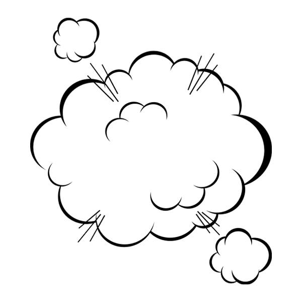A black and white drawing of a cloud with smoke coming out of it.