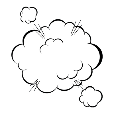A black and white drawing of a cloud with smoke coming out of it.