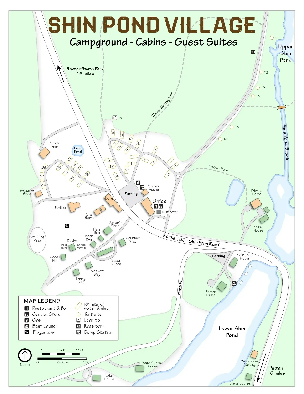 Map of Shin Pond Village campground, cabins, and guest suites with roads, trails, and nearby water.