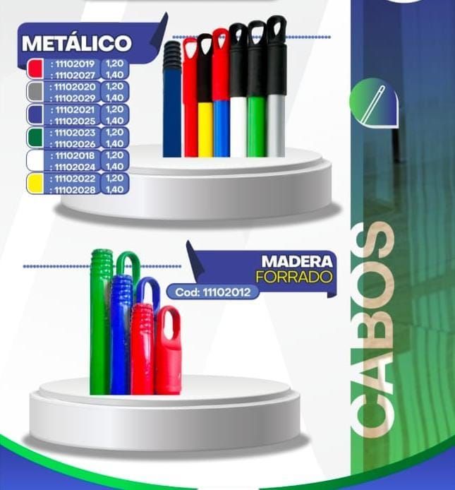 Exhibición del producto: Opciones de mango metálico y de madera en varios colores.