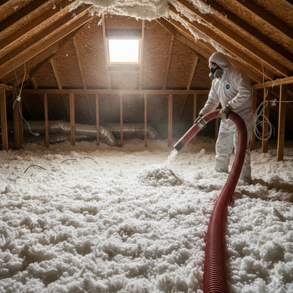 Person in protective suit blowing insulation into an attic.