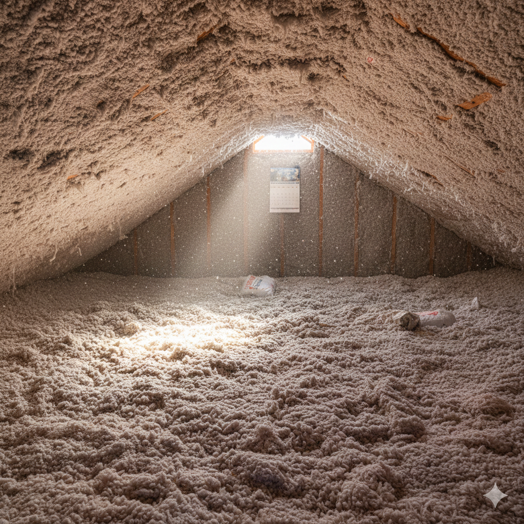 Attic filled with thick, light-colored insulation; sunlight streams through a small window.