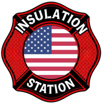 The logo for the insulation station has an american flag in the center