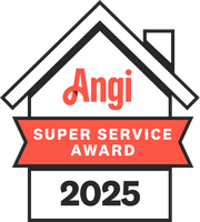 Angi Super Service Award badge, red and white, house shape, 
