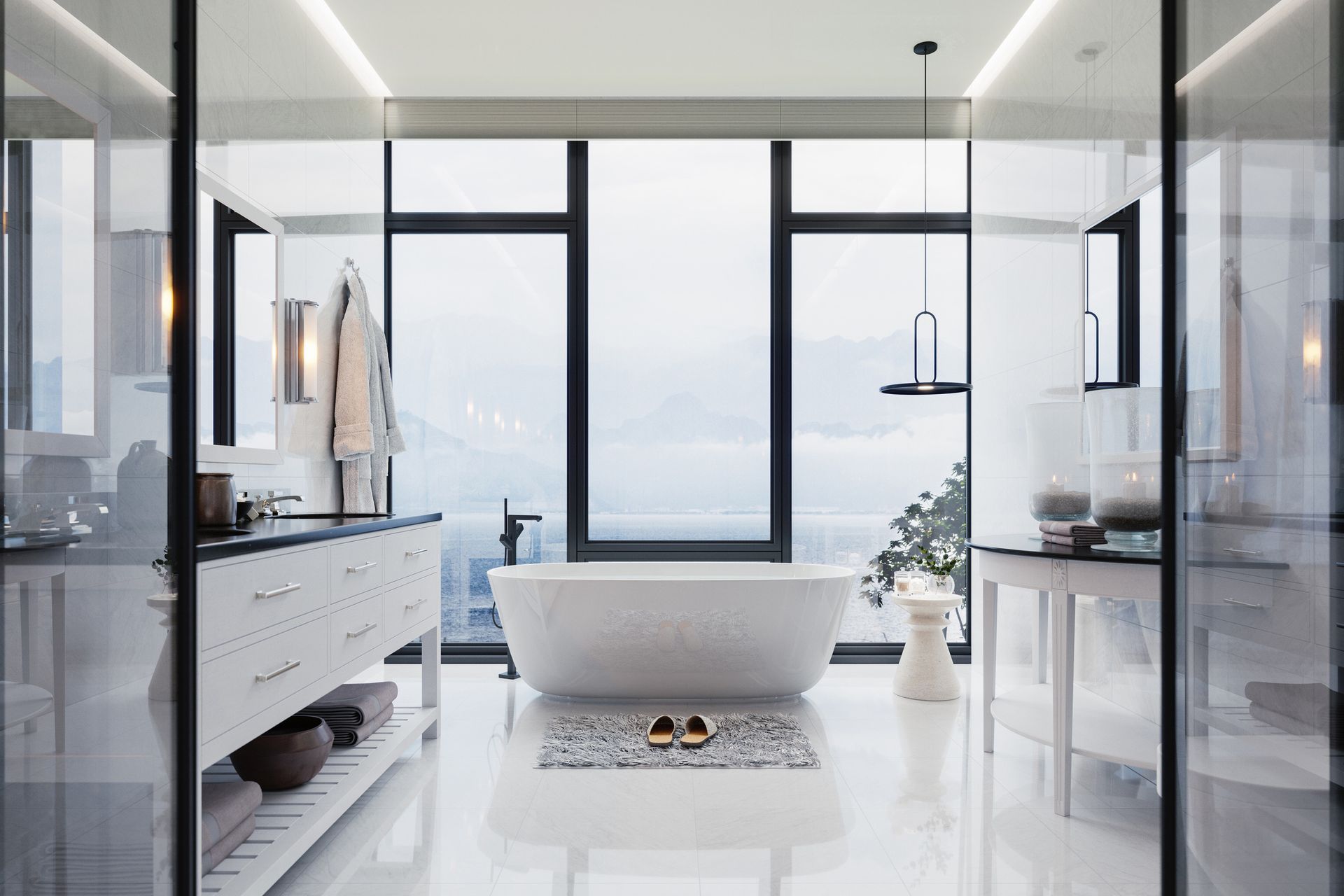 A bathroom with a bathtub and a large window.