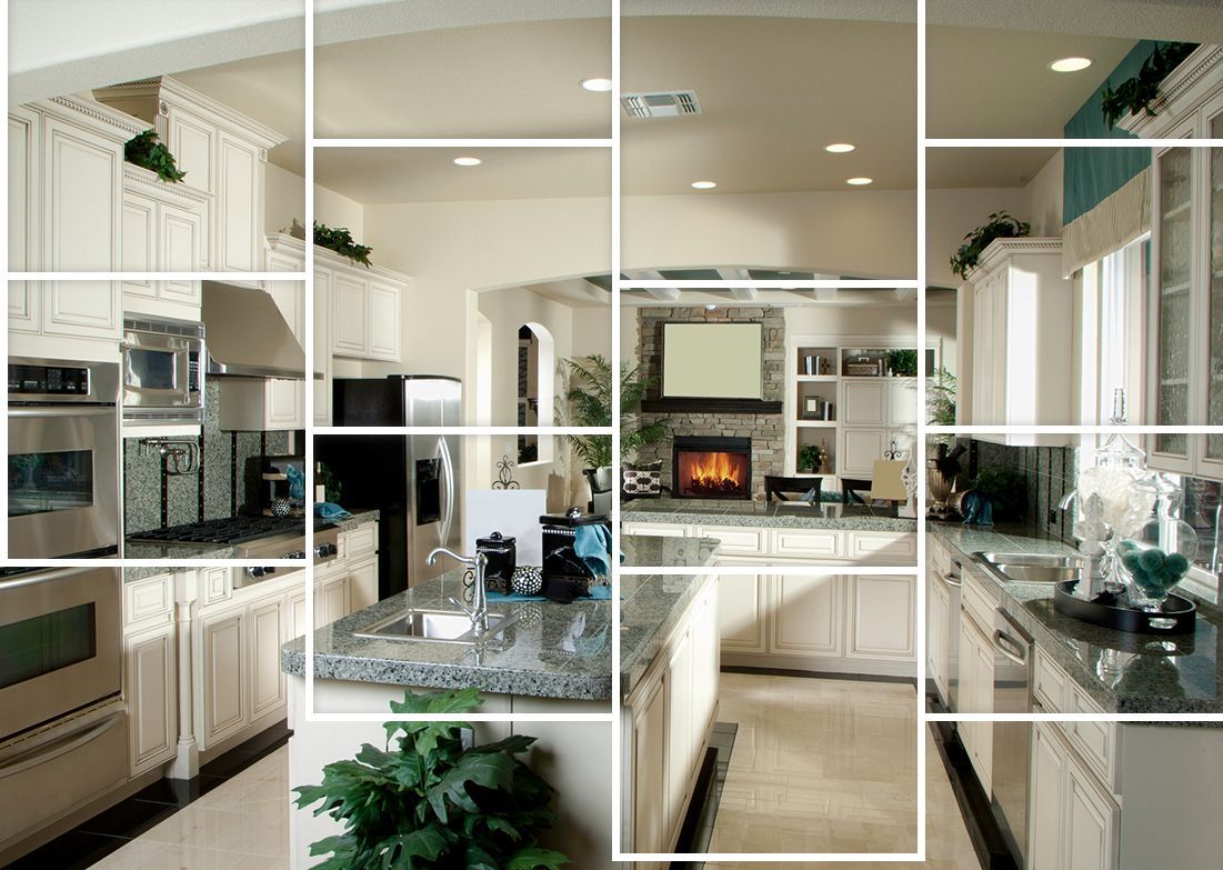 A collage of pictures of a kitchen with white cabinets.