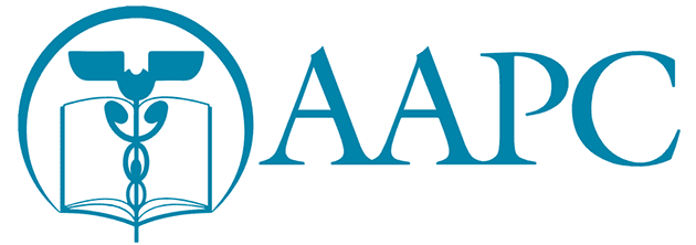 A blue logo for aapc with a caduceus and a book